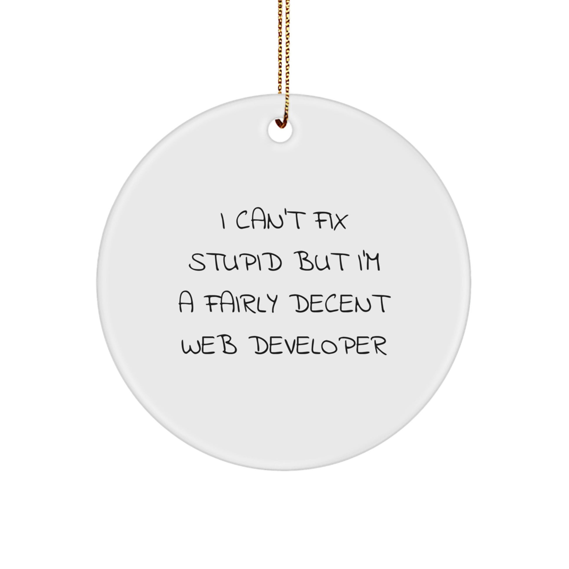Funny Web Developer Christmas Circle Ornament Gifts from Friends or Family for Web Developer - I Can't Fix Stupid But I'm A Fairly Decent Web Developer - Image 1