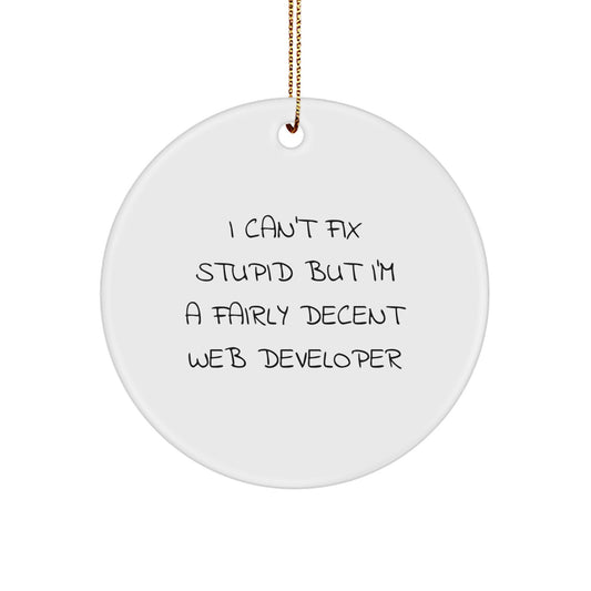 Funny Web Developer Christmas Circle Ornament Gifts from Friends or Family for Web Developer - I Can't Fix Stupid But I'm A Fairly Decent Web Developer - Image 1