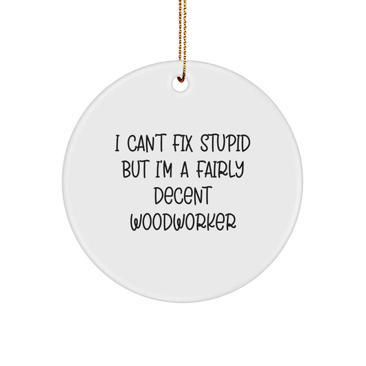 Woodworker Gifts from Men - Funny Circle Ornament for Woodworkers, I Can't Fix Stupid But I'm A Fairly Decent Woodworker, Christmas Unique Gifts - Image 1