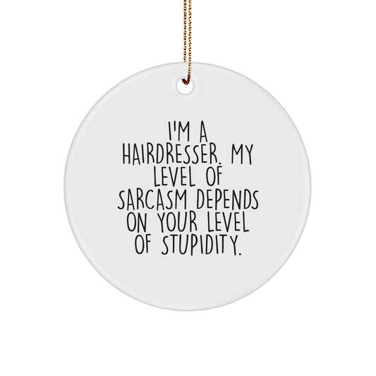 Funny Hairdresser Gifts from Friends Women Unique Circle Ornaments for Hairdresser Men Women, 'I'm A Hairdresser. My Level Of Sarcasm Depends On Your Level Of Stupidity.' - Image 1