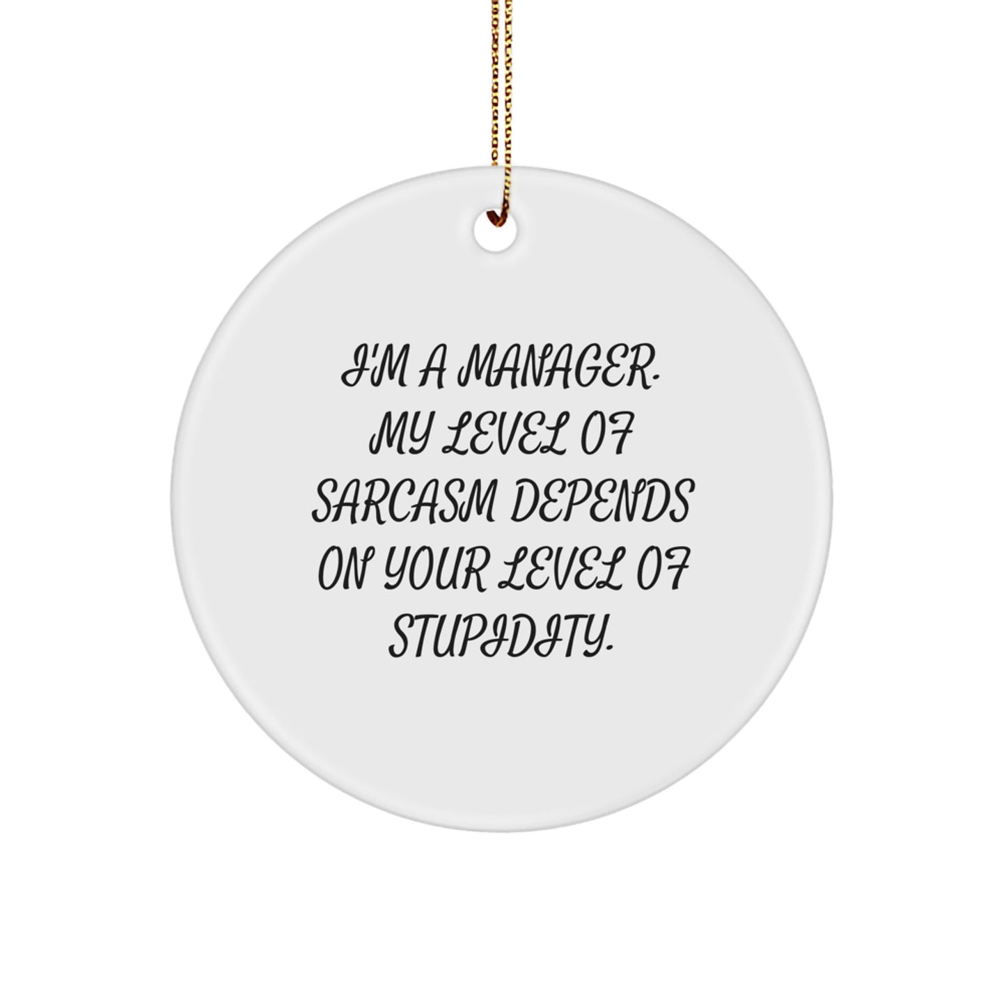 Funny Circle Ornament for Manager Gifts, Unique Christmas Memorable Presents for Men, Women, Coworkers, or Family - 'I'm A Manager. My Level Of Sarcasm Depends On Your Level Of Stupidity.' - Image 1