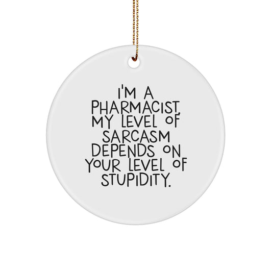 Funny Pharmacist Gifts from Friends and Family for Christmas Unique Circle Ornament, 'I'm A Pharmacist. My Level Of Sarcasm Depends On Your Level Of Stupidity.' - Image 1