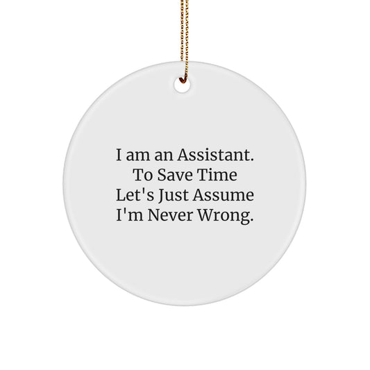 Funny Assistant Gifts from Friends, Christmas Unique Ornament for Coworkers, I Am An Assistant To Save Time Quote Circle Ornament, White Color, Durable MDF - Image 1
