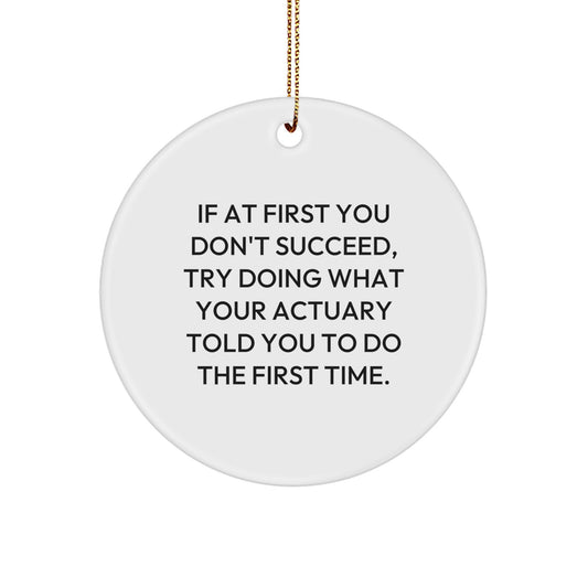 Funny Actuary Gifts from Men to Actuary Friends - Christmas Unique Circle Ornament, 'If At First You Don't Succeed, Try Doing What Your Actuary Told You To Do The First Time.' - Image 1