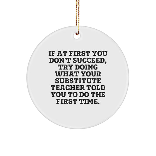 Funny Substitute Teacher Christmas Circle Ornament Gifts from Friends to Substitute Teachers - 'If At First You Don't Succeed, Try Doing What Your Substitute Teacher Told You To Do The First Time' - Image 1