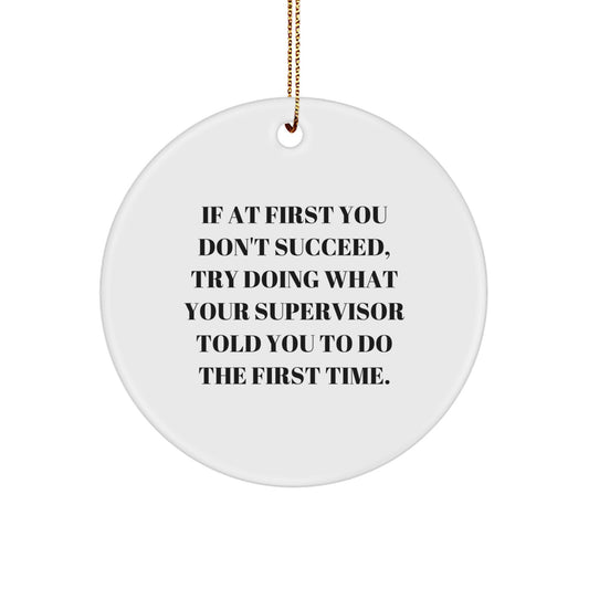 Funny Supervisor Gifts from Coworkers for Men - If At First You Don't Succeed, Try Doing What Your Supervisor Told You To Do The First Time. White Circle Ornament for Christmas Unique Gifts - Image 1