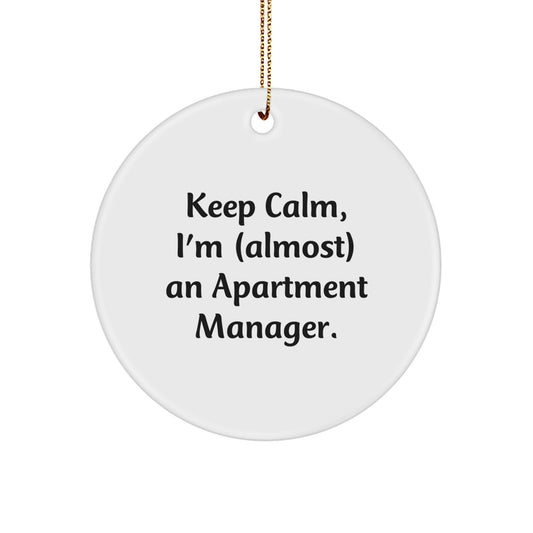 Funny Apartment Manager Christmas Unique Gifts for Him, Men, or Coworkers - Keep Calm, I'm (almost) An Apartment Manager. Circle Ornament - Image 1