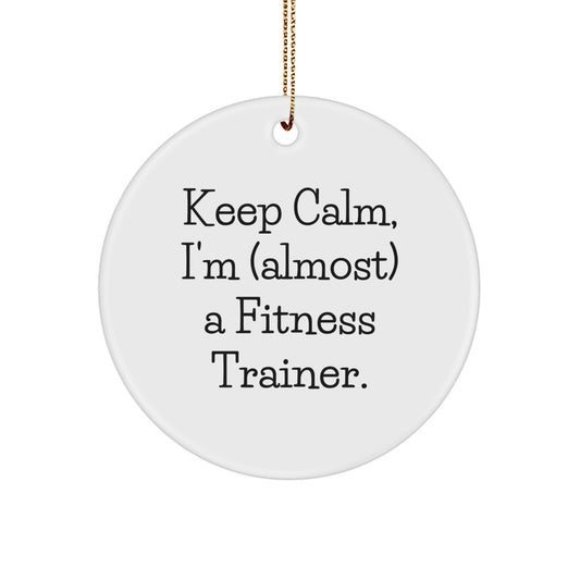 Funny Fitness Trainer Gifts from Friends, Unique Christmas Circle Ornament with 'Keep Calm, I'm (almost) A Fitness Trainer.' Quote, for Fitness Trainers, Men, Women, or Coworkers - Image 1