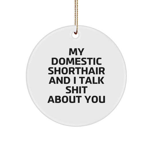 Domestic Shorthair Cat Christmas Circle Ornament Funny Gifts for Friends, Funny Quote My Domestic Shorthair And I Talk Shit About You, Gifts from Family - Image 1