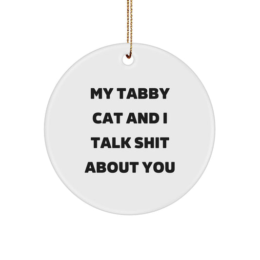 Gifts from Friends and Family, Unique Tabby Cat Circle Ornaments, Funny Quote 'My Tabby Cat And I Talk Shit About You' for Tabby Cat Lovers, Perfect Christmas Decorations - Image 1