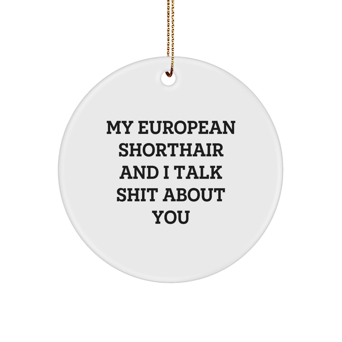 Funny European Shorthair Cat Gifts from Men, Unique Circle Ornament for Christmas Decorations, Sublimation Printed MDF with Quote My European Shorthair And I Talk Shit About You - Image 1
