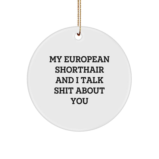 Funny European Shorthair Cat Gifts from Men, Unique Circle Ornament for Christmas Decorations, Sublimation Printed MDF with Quote My European Shorthair And I Talk Shit About You - Image 1