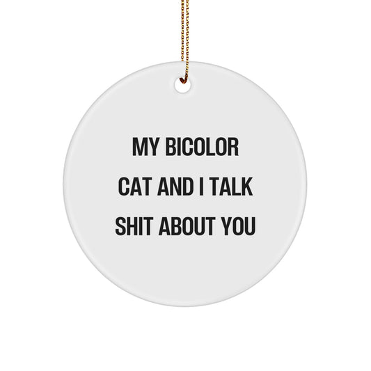 Funny Bicolor Cat Gifts for Friends, Bicolor Cat Lovers Circle Ornament with My Bicolor Cat And I Talk Shit About You Quote, Gifts from Family to Family, Christmas Unique Gifts - Image 1