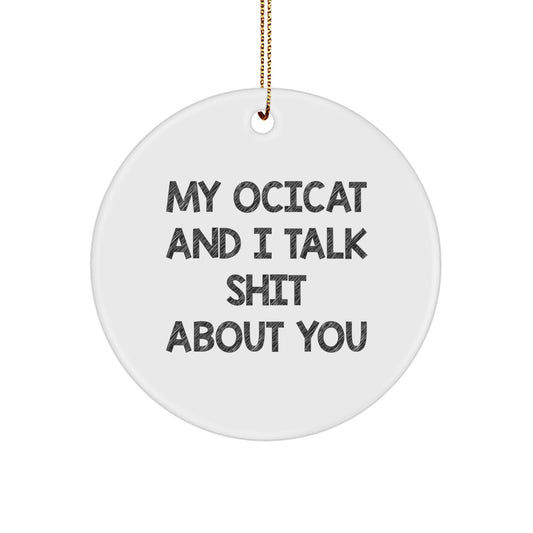 Ocicat Lover Gifts from Friends for Family, Funny Christmas Circle Ornament, My Ocicat And I Talk Shit About You - Image 1