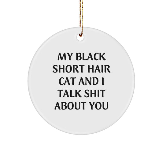 Black Short Hair Cat Lover's Funny Circle Ornament Gifts from Family for Christmas Decorations - 'My Black Short Hair Cat And I Talk Shit About You' Quote - Image 1