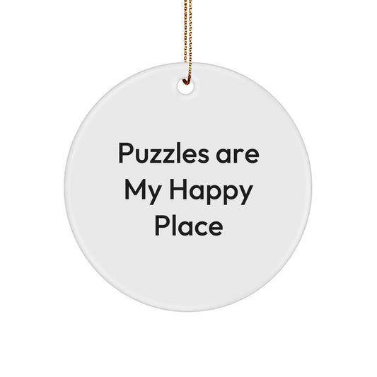 Puzzles Gifts for Friends, Family, or Coworkers - Funny Circle Ornament, 'Puzzles Are My Happy Place' Christmas Decoration - Image 1