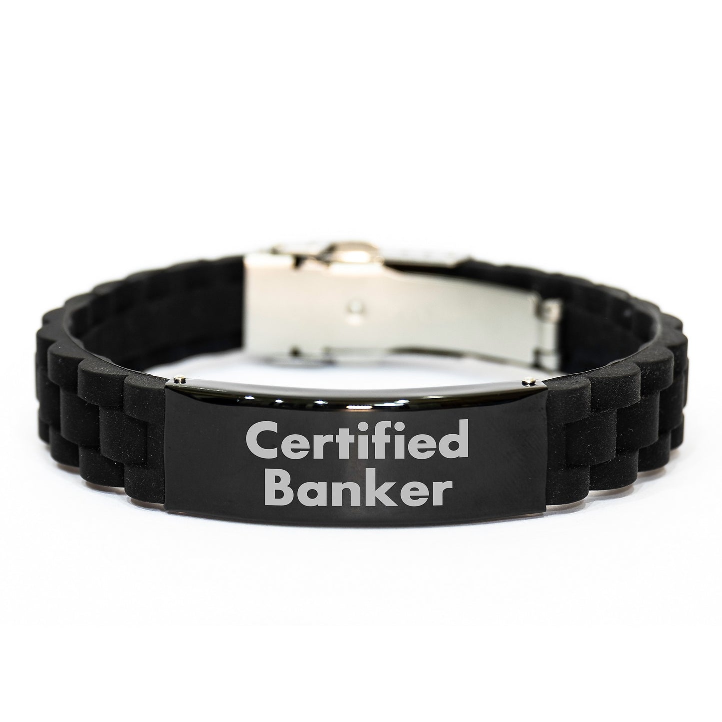 Certified Banker Funny Quote Glide lock Clasp Birthday Unique Gift for Men Friends Coworkers Family - Adjustable Black Stainless Steel Silicone 9.05-inch - Image 1