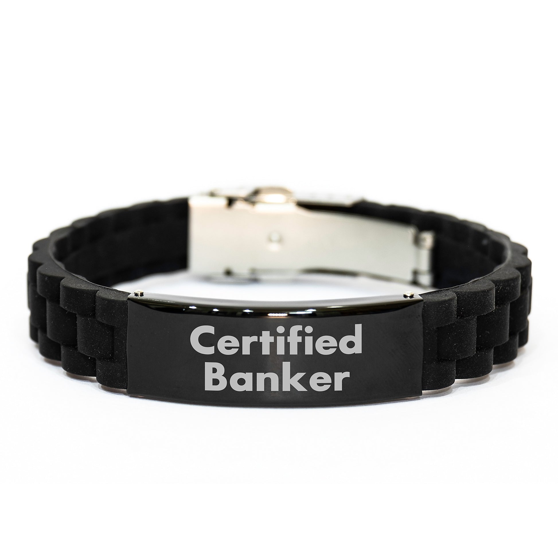 Certified Banker Funny Quote Glide lock Clasp Birthday Unique Gift for Men Friends Coworkers Family - Adjustable Black Stainless Steel Silicone 9.05-inch - Image 1