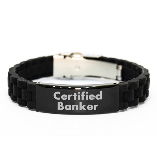 Certified Banker Funny Quote Glide lock Clasp Birthday Unique Gift for Men Friends Coworkers Family - Adjustable Black Stainless Steel Silicone 9.05-inch - Image 1