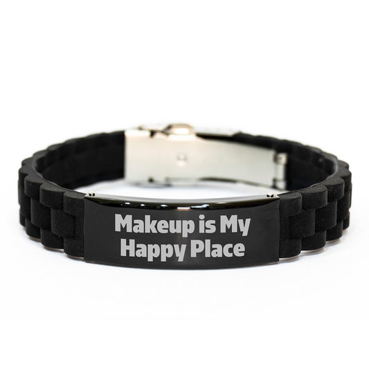 Makeup Lover's Christmas Unique Gifts from Friends, Family, or Coworkers - 'Makeup Is My Happy Place' Inspirational Glide lock Clasp Bracelet for Women, Men, or Makeup Enthusiast - Image 1