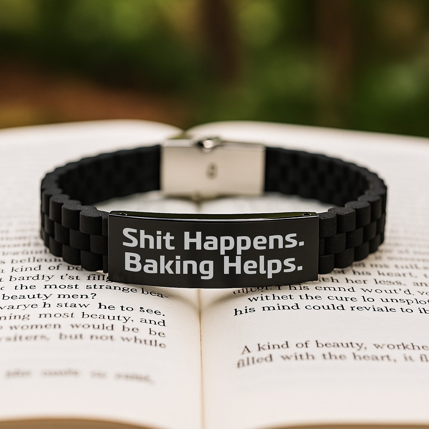 Funny Baking Gifts from Friends for Birthday - Glide lock Clasp Bracelet Shit Happens. Baking Helps. - Image 2