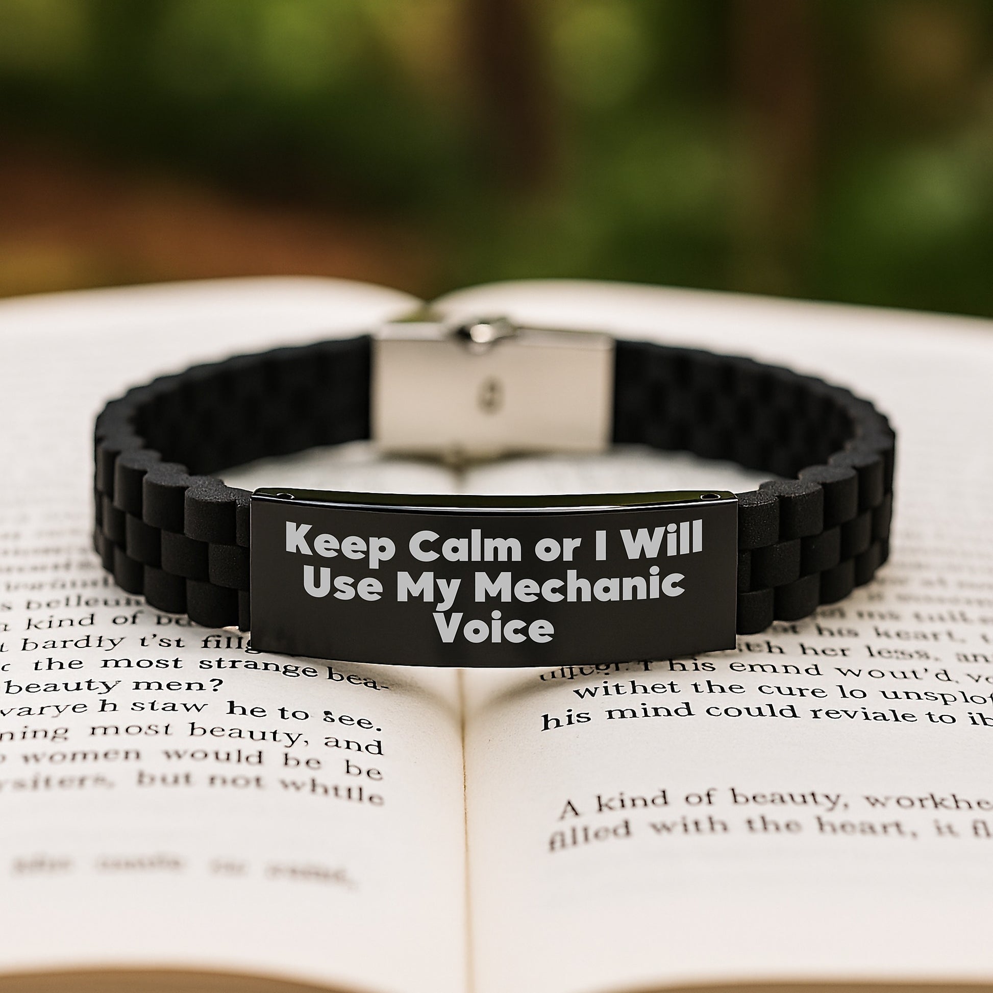 Funny Mechanic Quotes Glide lock Clasp Bracelet, Unique Birthday Unique Gifts from Friends to Mechanic Men, Keep Calm Or I Will Use My Mechanic Voice, Silver Black Stainless Steel Silicone - Image 2