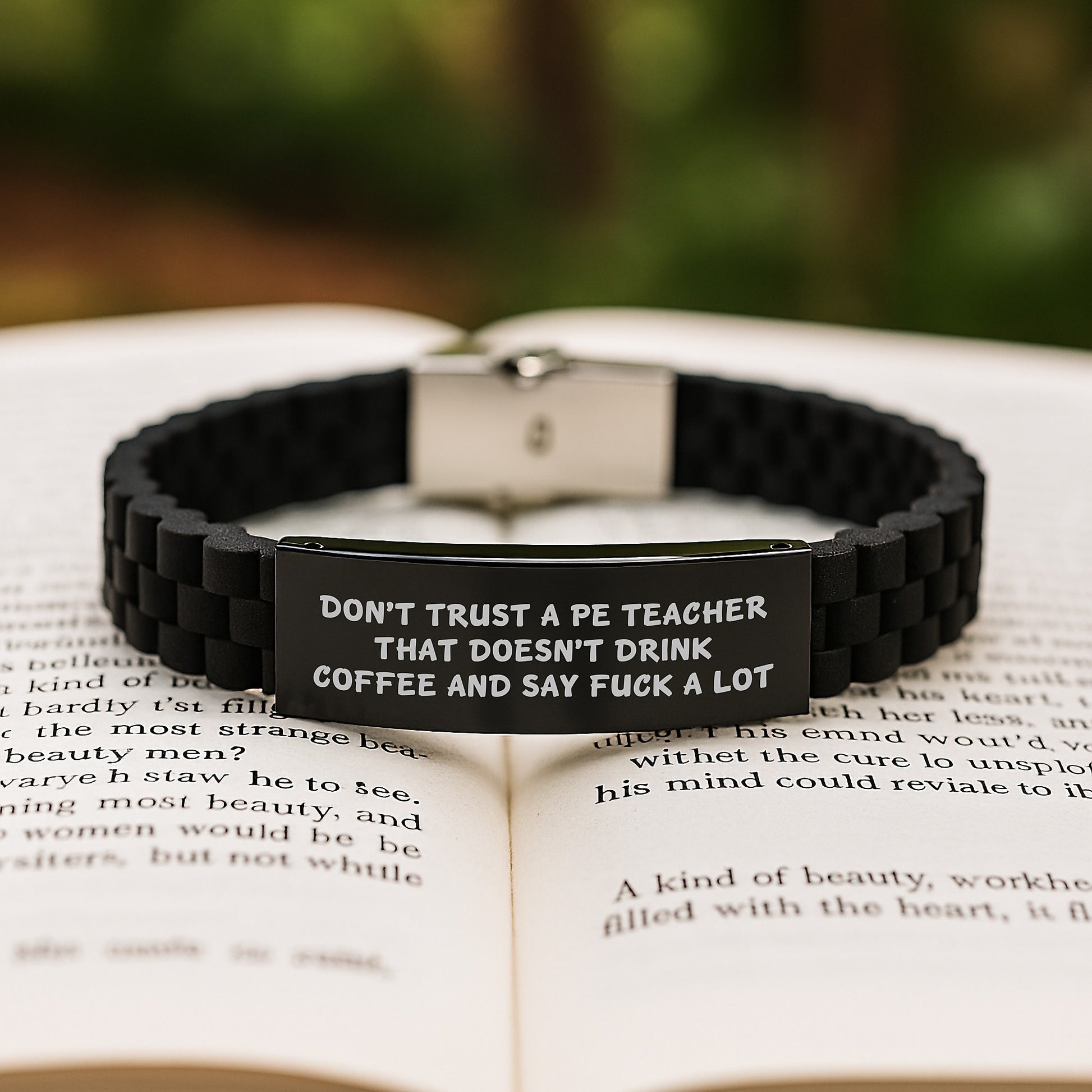 Funny PE Teacher Gifts for Men, 'Don't Trust A Pe Teacher That Doesn't Drink Coffee And Say F--k A Lot' Glide lock Clasp Bracelet, Graduation Unique Gifts from Mom, Dad, Friends, Coworkers - Image 2