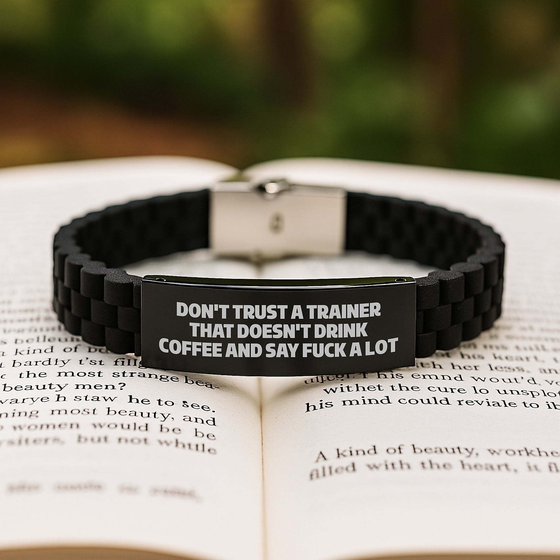 Funny Trainer Gifts - Don't Trust A Trainer That Doesn't Drink Coffee And Say 'F--k A Lot' - Glide lock Clasp Bracelet for Men Women Friends Coworkers Family - Unique Graduation Wishes - Image 2