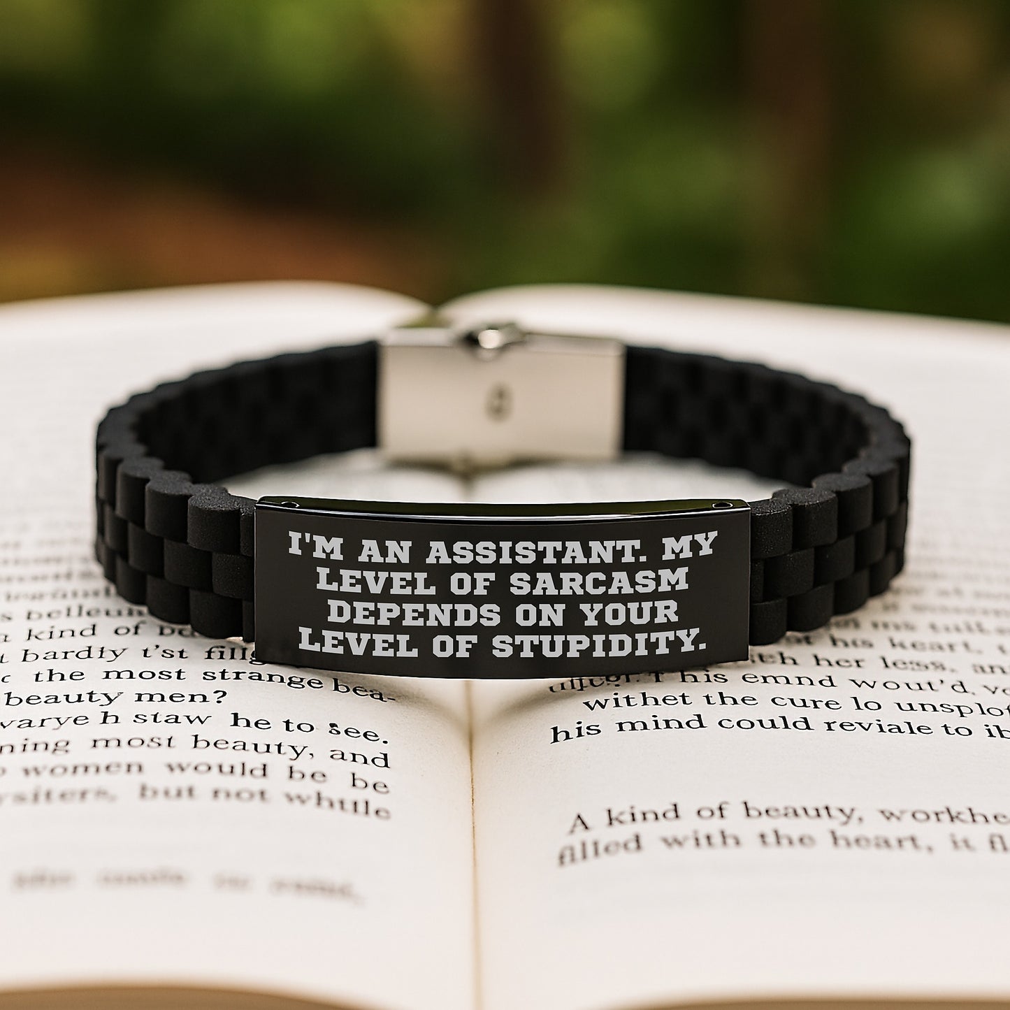 Funny Assistant Gifts from Friends - Graduation Unique Gifts for Assistant with Sarcasm Quote, Glide lock Clasp Bracelet, Adjustable, Black, Silver-Black Stainless Steel, Silicone - Image 2
