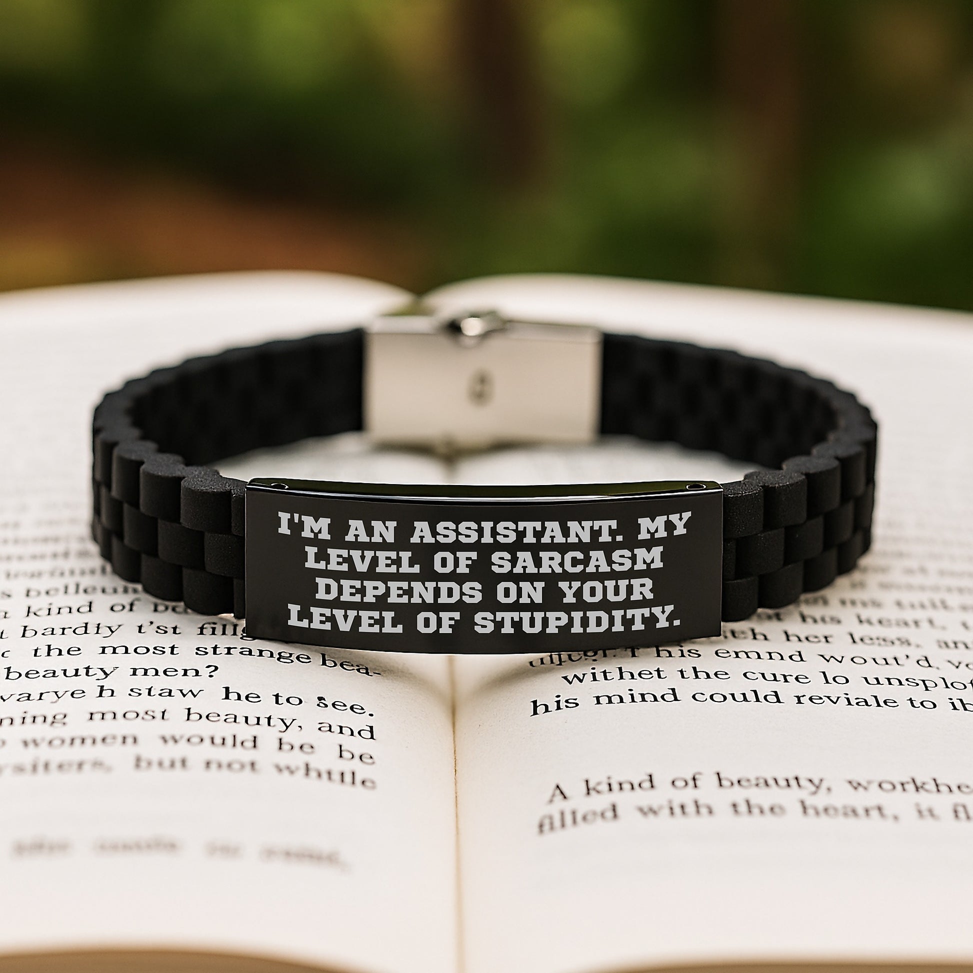Funny Assistant Gifts from Friends - Graduation Unique Gifts for Assistant with Sarcasm Quote, Glide lock Clasp Bracelet, Adjustable, Black, Silver-Black Stainless Steel, Silicone - Image 2