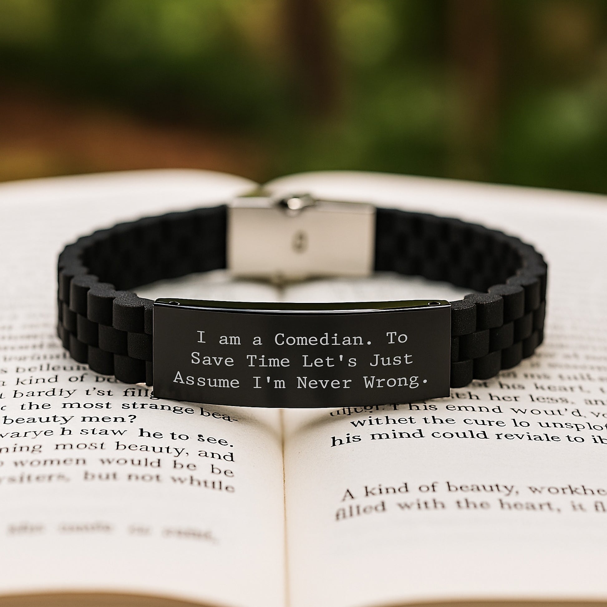 Comedian Gifts, Glide lock Clasp Adjustable Black Stainless Steel Silicone Jewelry, Funny Quote Inspired Birthday Present from Friends to Comedian, Gifts for Comedian Men - Image 2