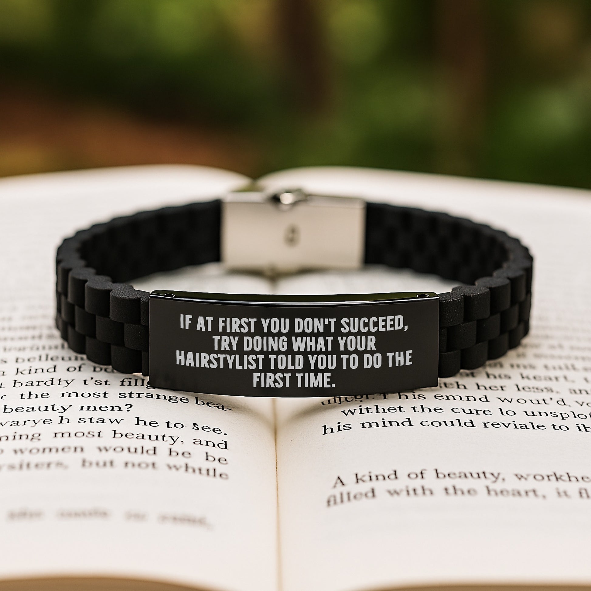 Hairstylist Humor Gifts from Friends, Funny Quote Glide lock Clasp Birthday Jewelry, Adjustable Black Stainless Steel Silicone Bracelet for Hairstylist, Women, Men - Image 2