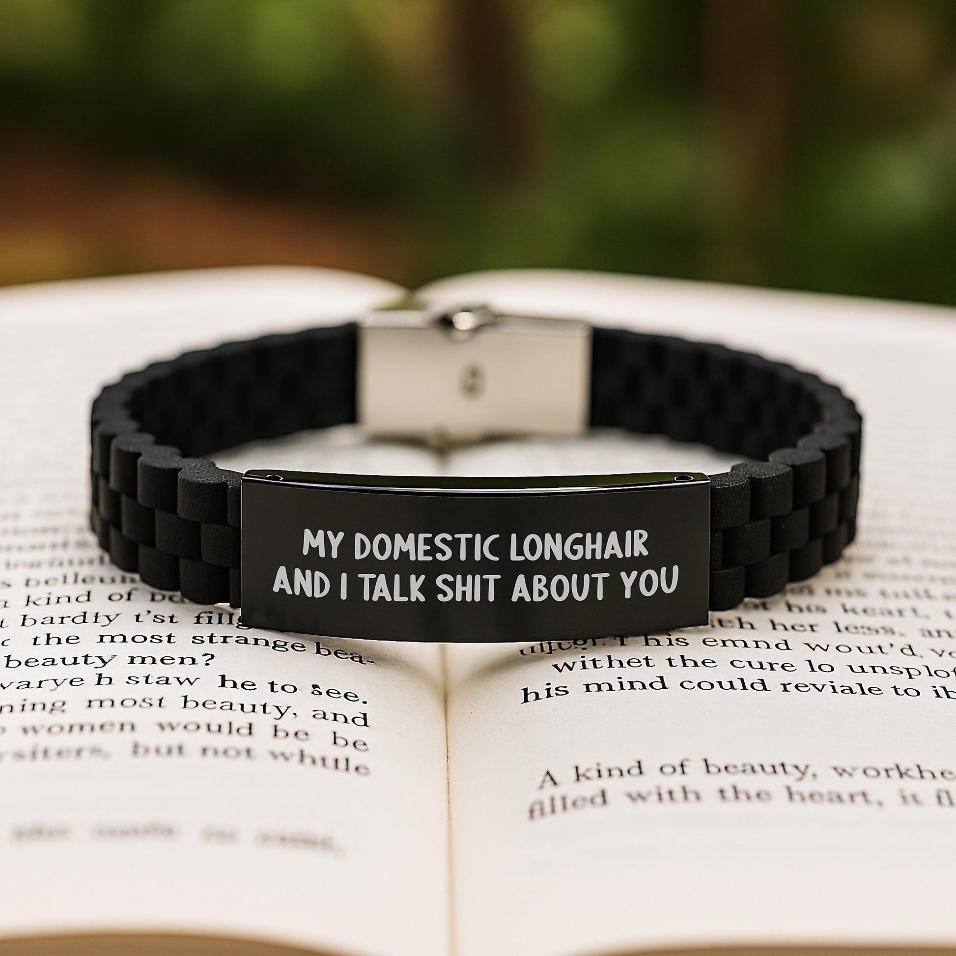 Funny Domestic Longhair Cat Gifts from Men or Women - Glide lock Clasp Bracelet with Quote 'My Domestic Longhair And I Talk Shit About You' for Christmas Unique Gifts for Friends or Family - Image 2