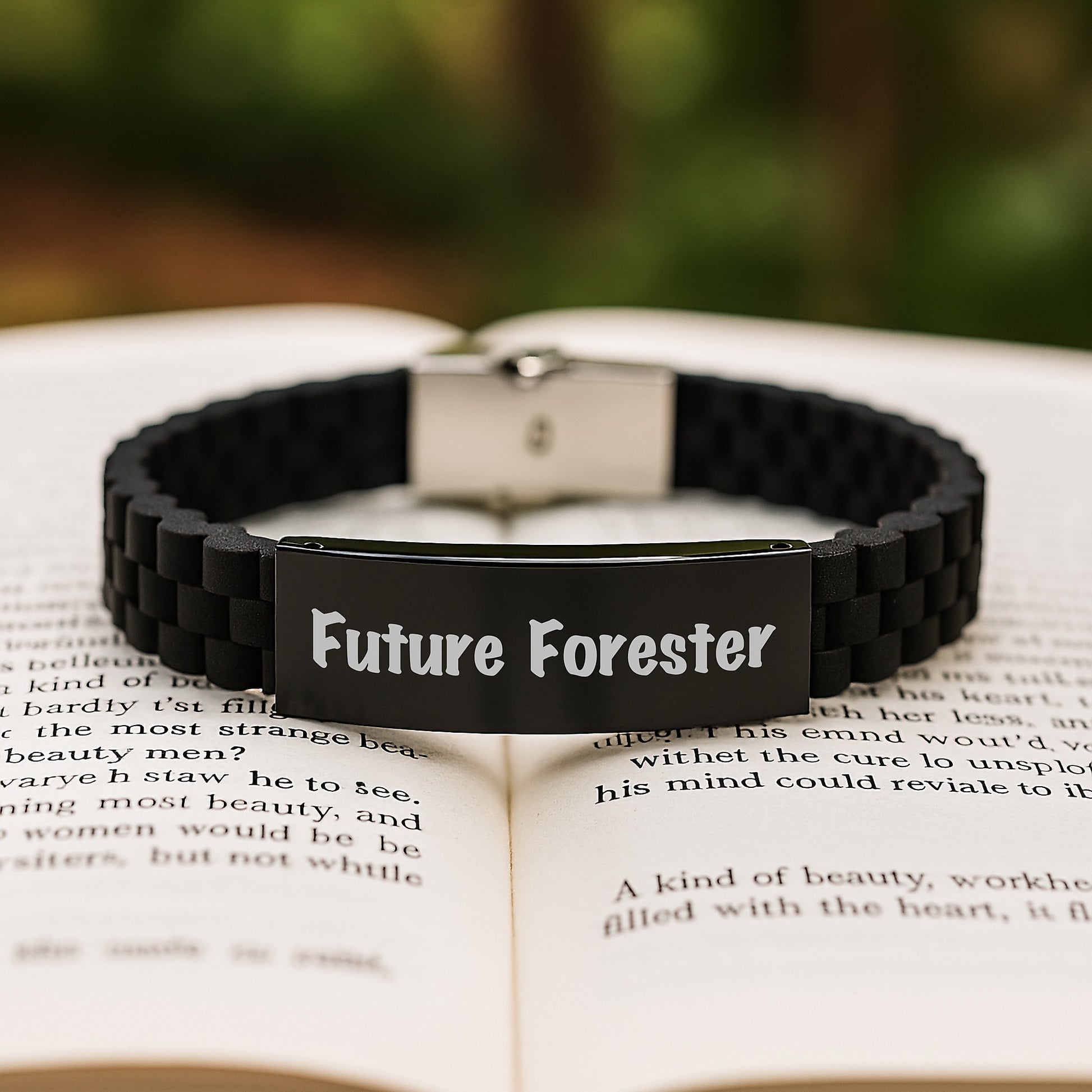 Funny Future Forester Gifts from Friends - Glide lock Clasp Black Stainless Steel Adjustable Birthday Forester Jewelry, 'You're a Future Forester, and That's a Real Tree-mendous Thing!' - Image 2