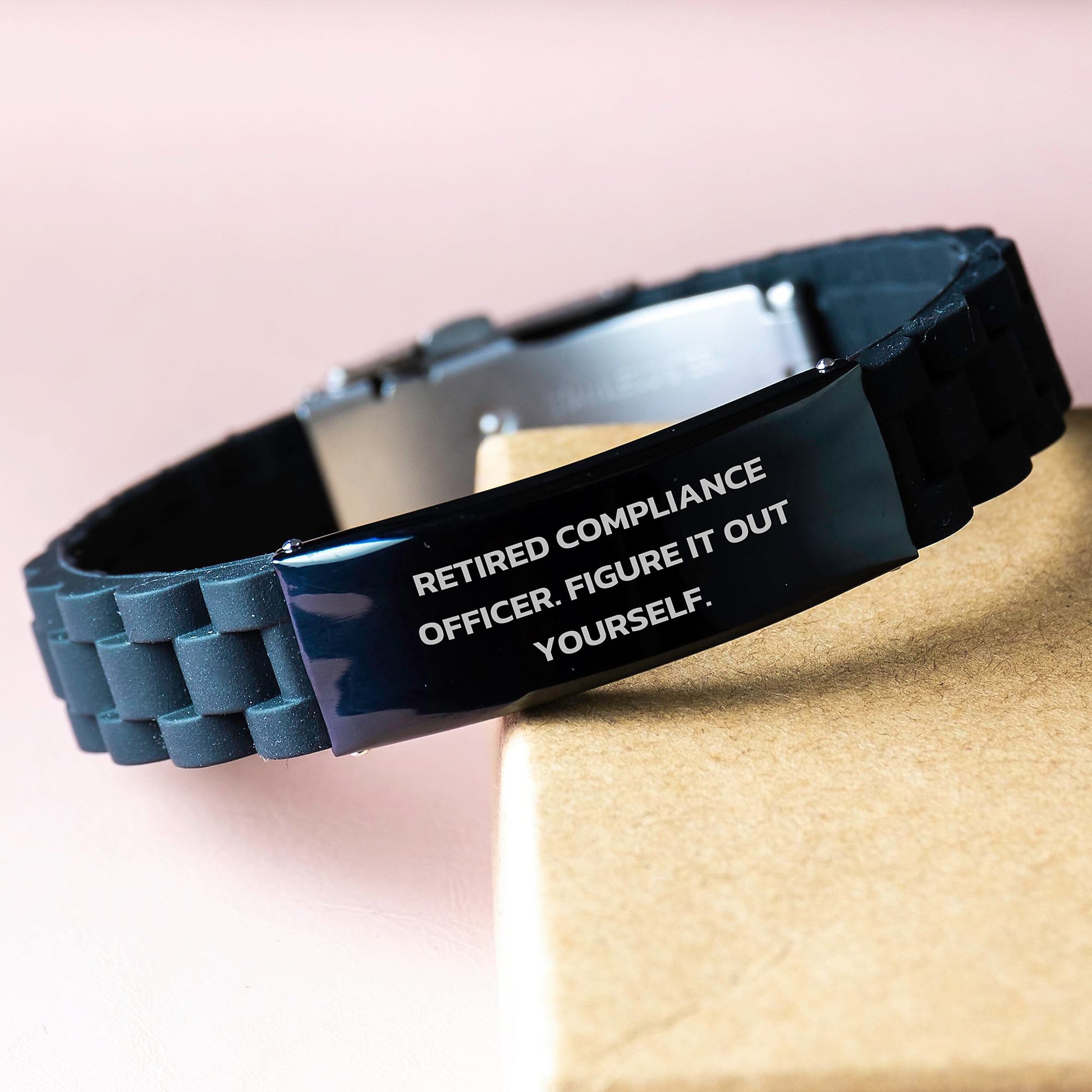 Funny Compliance Officer Gifts for Men - Glide lock Clasp Bracelet with Retired Compliance Officer Figure It Out Yourself Quote, Black Stainless Steel & Silicone, Christmas Unique - Image 3