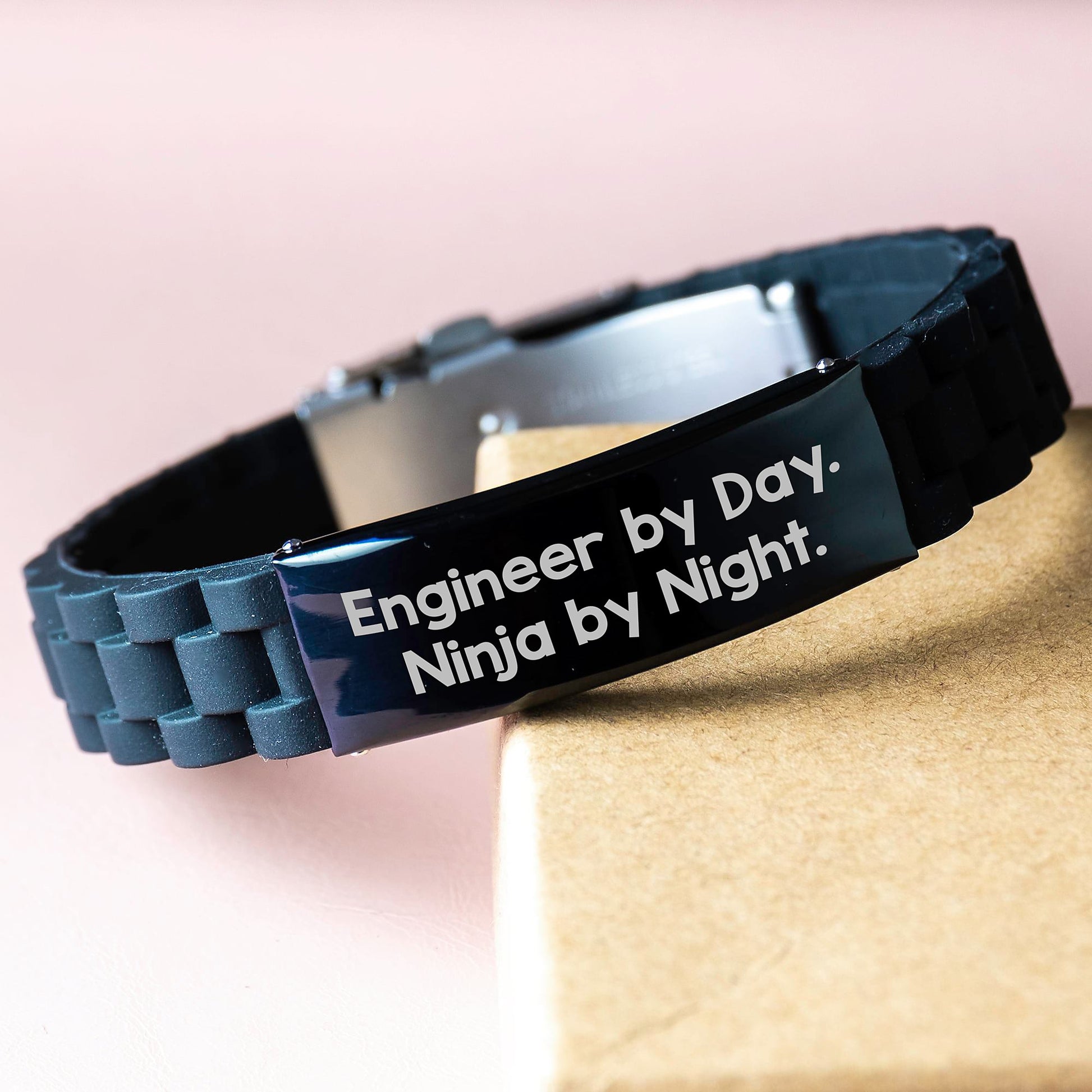 Engineer Gifts, Engineer By Day. Ninja By Night. Glide lock Clasp Bracelet for Men, Graduation Unique Gifts from Friends, Adjustable Black Silicone Stainless Steel - Image 3