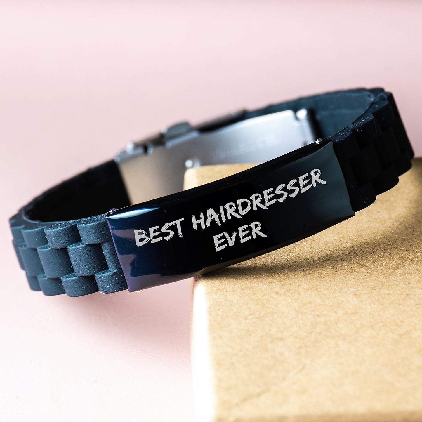 Funny Hairdresser Gifts from Friends for Best Hairdresser Ever, Glide lock Clasp Bracelet for Graduation, Adjustable Silver Black Stainless Steel Silicone - Image 3