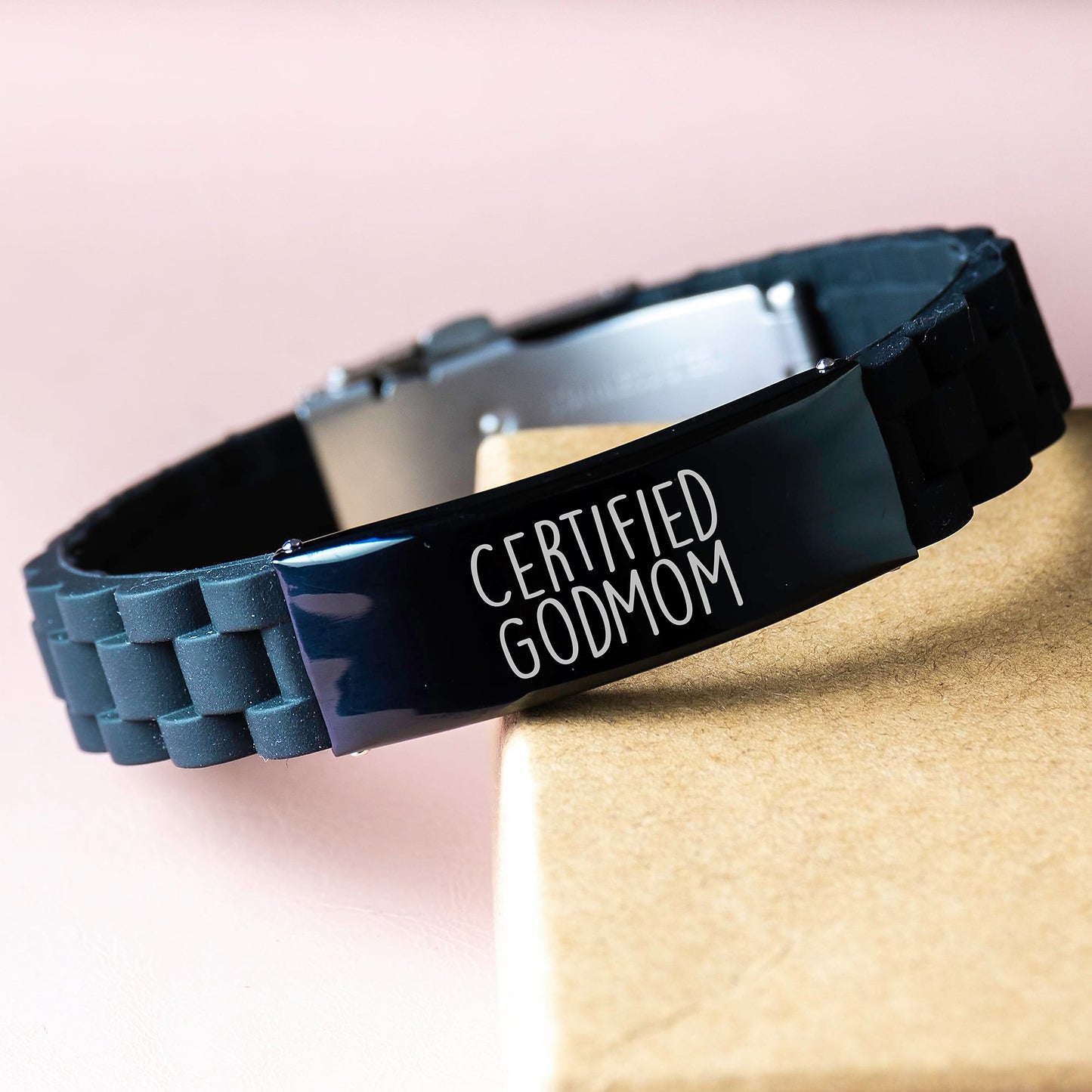 Funny Godmom Gifts from Friends for Godmom Graduation, Glide lock Clasp Black Stainless Steel Silicone Adjustable Bracelet, 'Certified Godmom' Quote - Image 3
