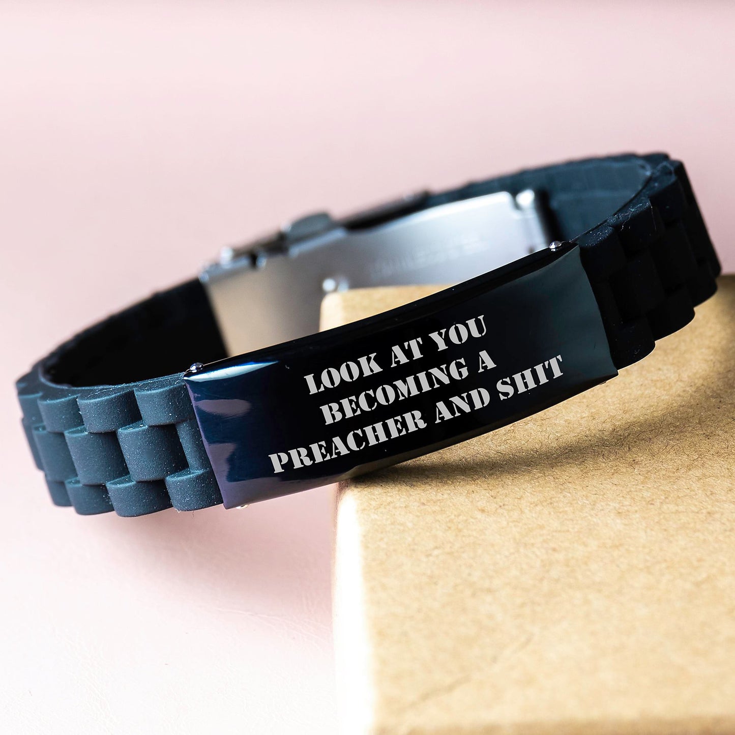 Preacher Quote Funny Gifts from Friends for Him Graduation Unique Glide lock Clasp Bracelet, Black Stainless Steel and Silicone, Adjustable, Premium Bag - Image 3