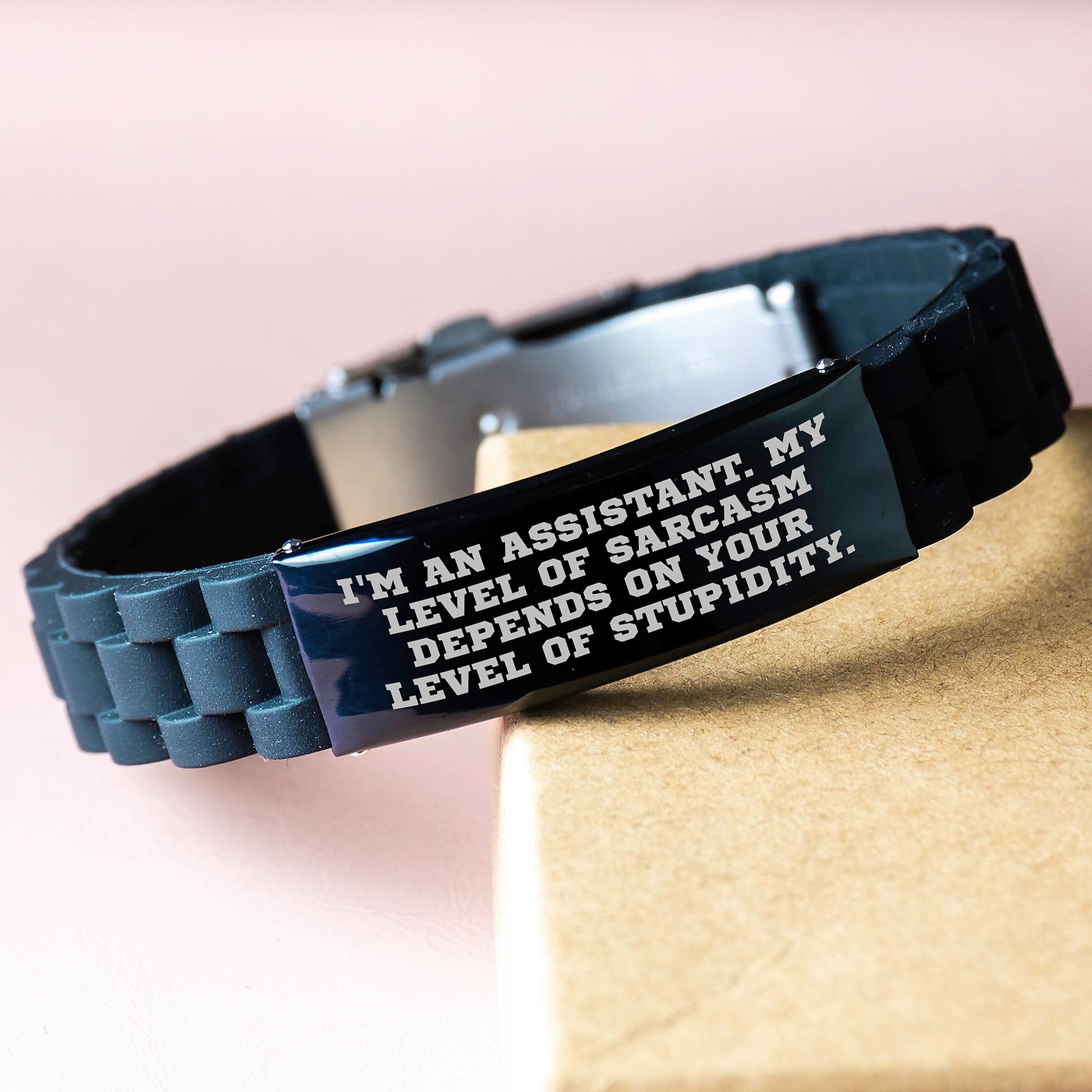 Funny Assistant Gifts from Friends - Graduation Unique Gifts for Assistant with Sarcasm Quote, Glide lock Clasp Bracelet, Adjustable, Black, Silver-Black Stainless Steel, Silicone - Image 3