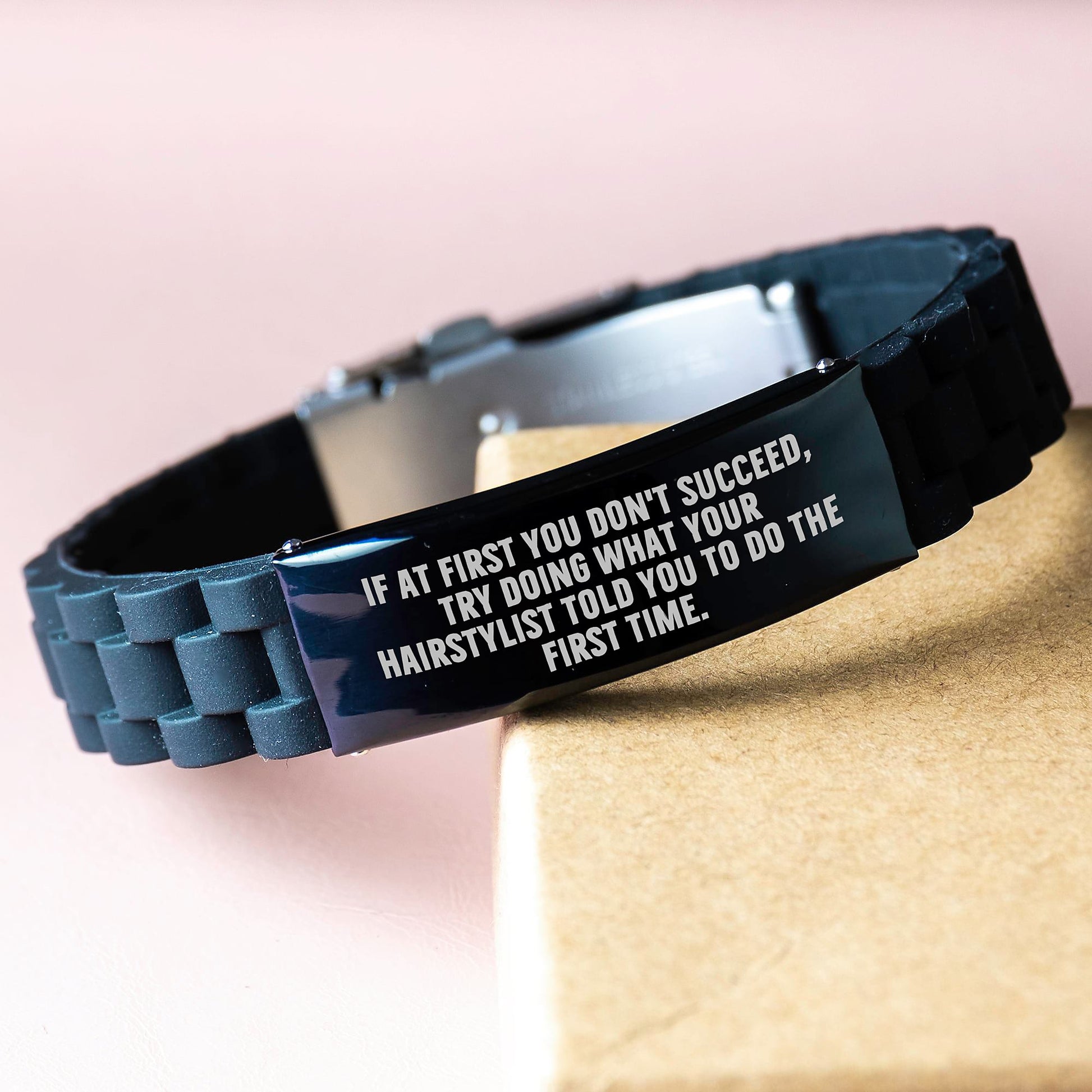 Hairstylist Humor Gifts from Friends, Funny Quote Glide lock Clasp Birthday Jewelry, Adjustable Black Stainless Steel Silicone Bracelet for Hairstylist, Women, Men - Image 3