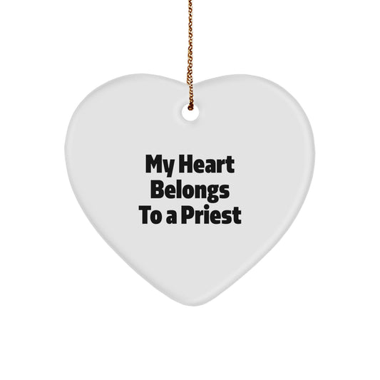 Fun and Inspirational Gifts from Men to Priest - 'My Heart Belongs To A Priest' Christmas Ornament - White Heart Shaped Durable MDF with Sublimation Finish - Image 1
