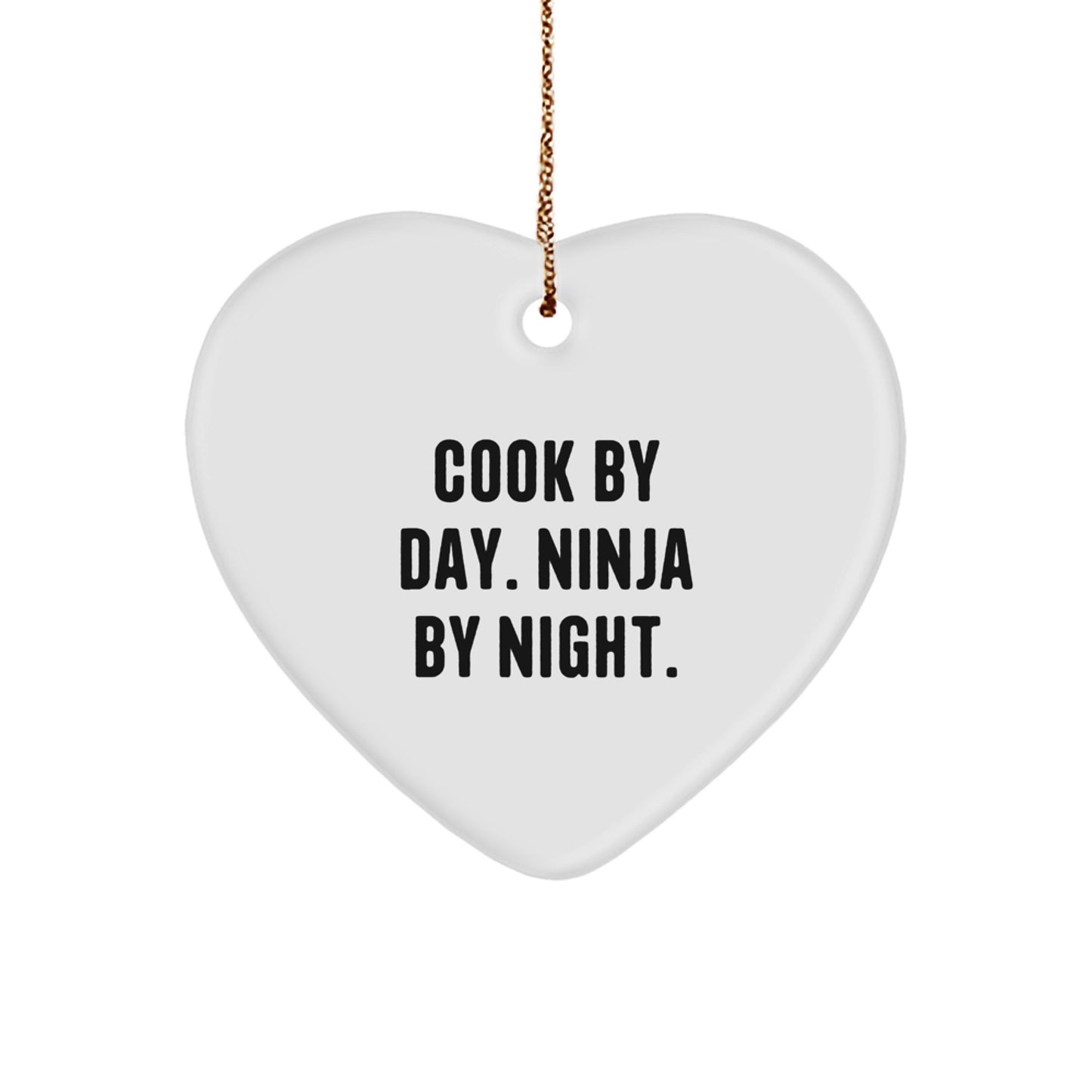 Funny Cook Gifts for Men and Women - Heart Ornament with Sublimation Print, 'Cook By Day. Ninja By Night.' Quote, Christmas Unique Gifts from Family to Friends - Image 1