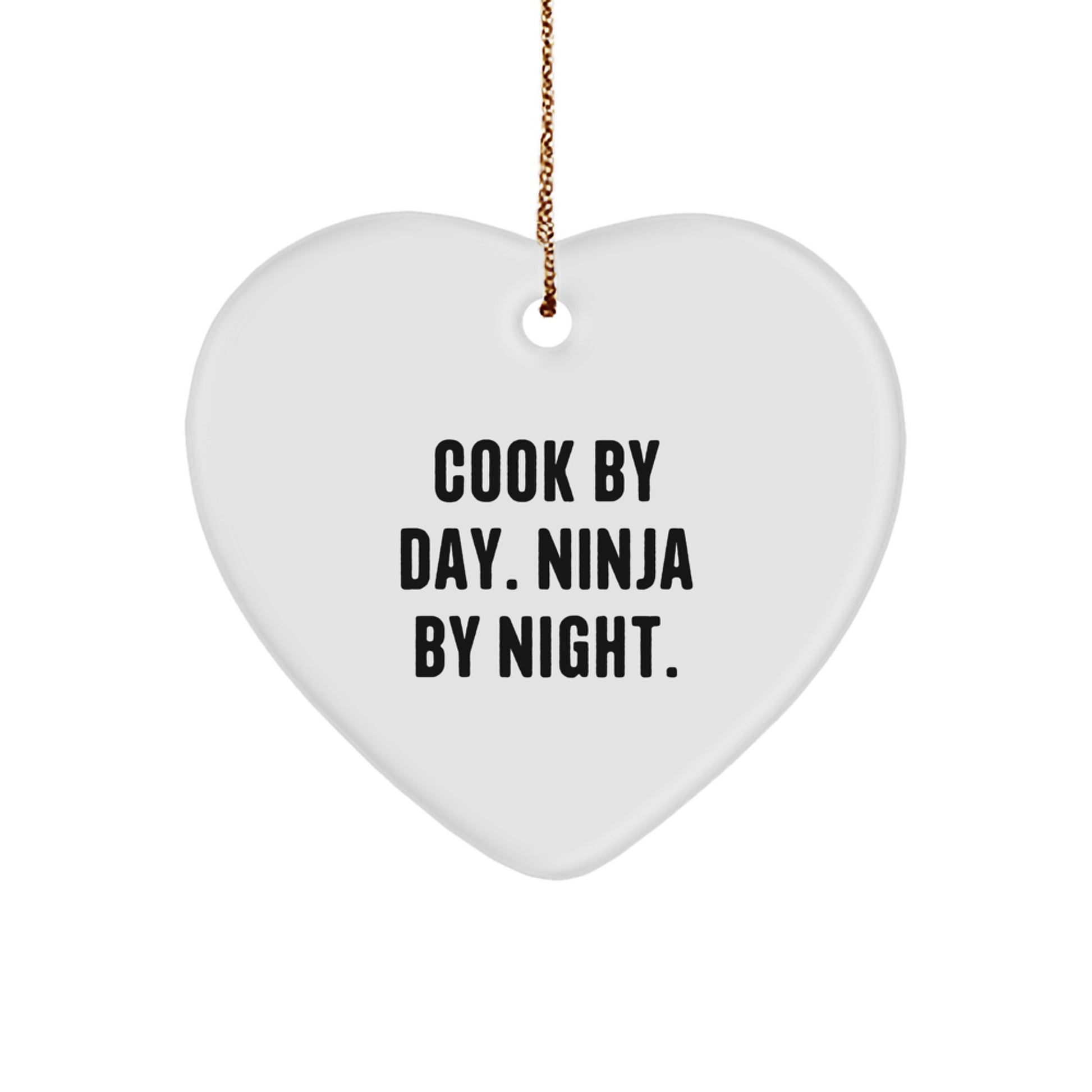 Funny Cook Gifts for Men and Women - Heart Ornament with Sublimation Print, 'Cook By Day. Ninja By Night.' Quote, Christmas Unique Gifts from Family to Friends - Image 1