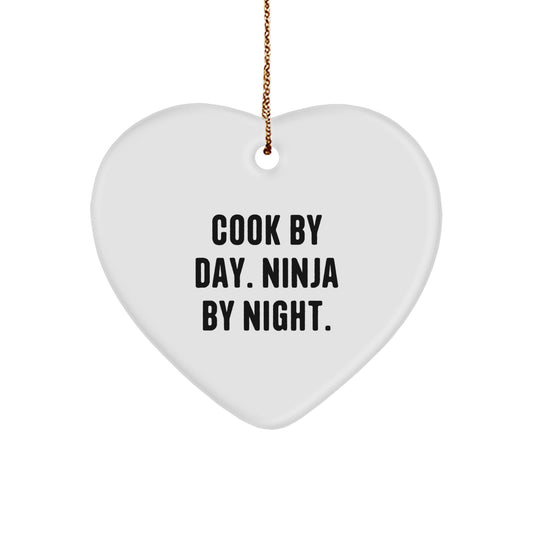 Funny Cook Gifts for Men and Women - Heart Ornament with Sublimation Print, 'Cook By Day. Ninja By Night.' Quote, Christmas Unique Gifts from Family to Friends - Image 1