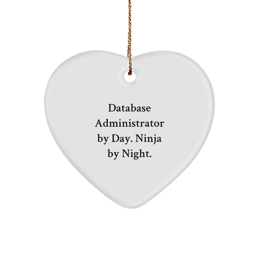 Funny Gifts for Database Administrator by Day, Ninja by Night Heart Ornament, White Color, Heart Shaped with Gold Cord for Christmas Unique Presents from Family - Image 1