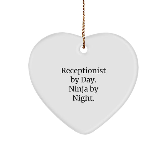 Funny Receptionist Gifts for Coworkers, Christmas Unique Heart Ornaments with 'Receptionist By Day. Ninja By Night.' Quote from Friends, Family, or Men - Image 1