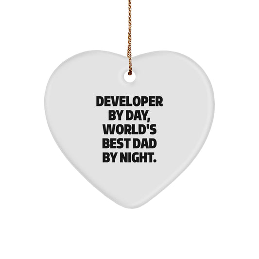 Developer Gifts Unique Heart Ornament Funny Quote by Developer By Day, World's Best Dad By Night - Gifts from Family for Developer Men - Image 1