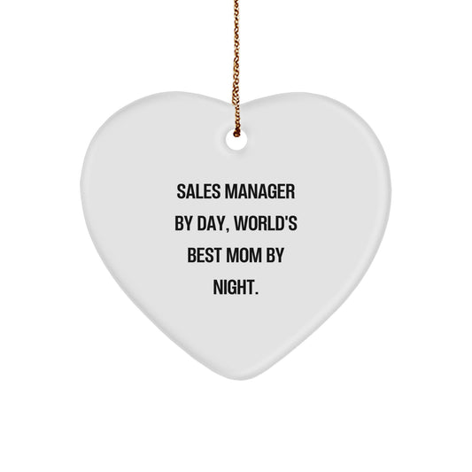 Sales Manager Gifts from Family, Heart Ornament with 'Sales Manager By Day, World's Best Mom By Night.' Quote, Christmas Unique Gifts - Image 1