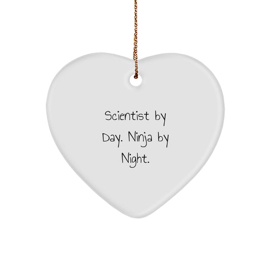 Funny Scientist Gifts from Friends for Men - 'Scientist By Day. Ninja By Night.' Heart Ornament, White, Christmas Unique Gifts - Image 1